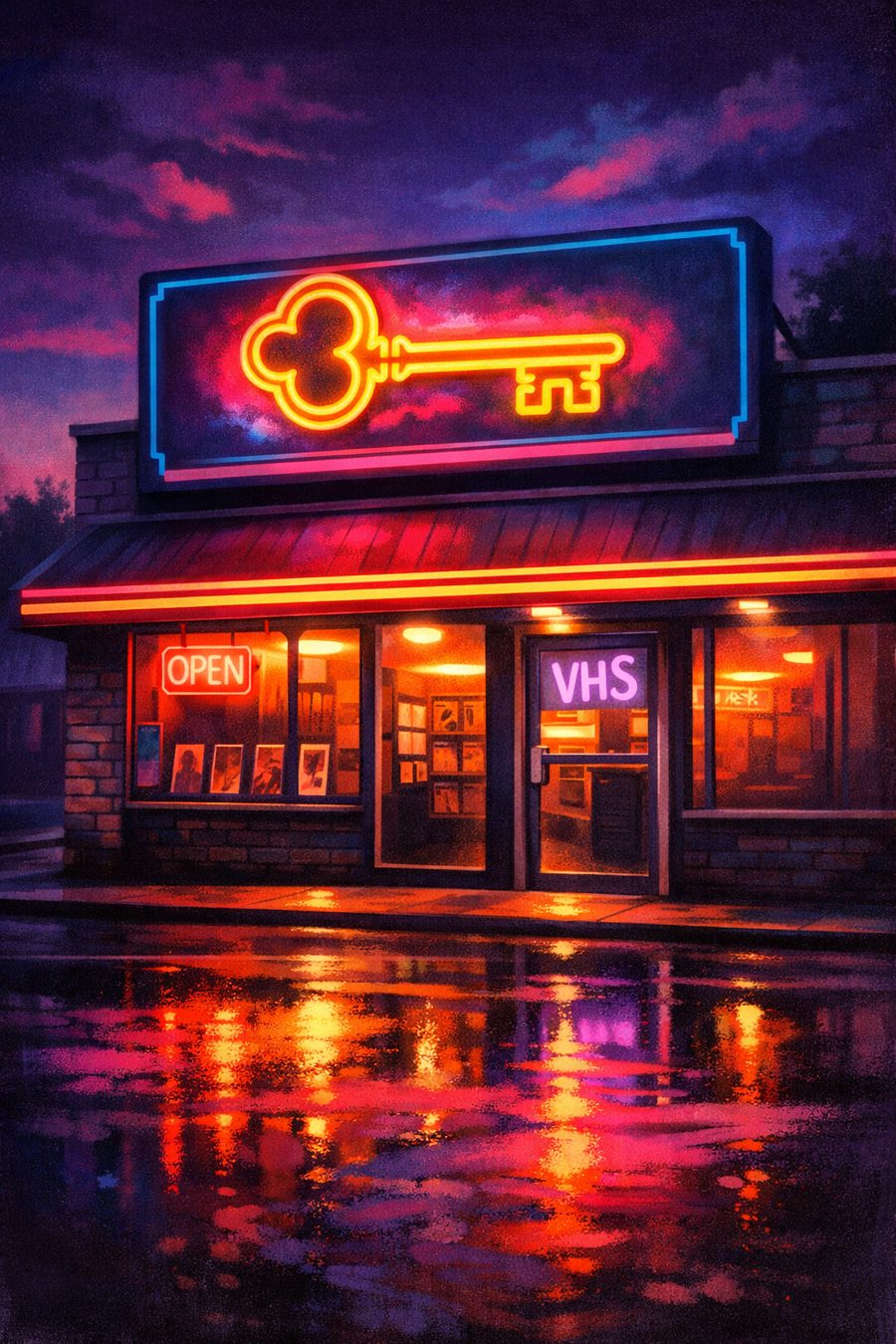 Keyes Video at night, its neon key sign glowing over a rain-soaked parking lot